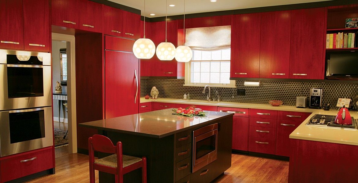 custom red stained kitchen cabinets